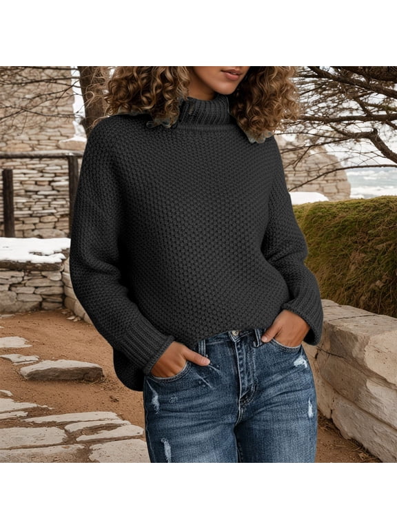 Fall Sweaters For Women Turtleneck Knit Sweater Long Sleeve Rolled Edge Soft Cozy Casual Pullover Top Comfortable Warm Fall Winter Wear Knit Sweater Black S