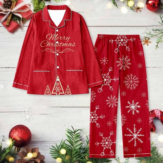 FASHOFT Family Christmas Pajamas Matching Sets Womens Cute Xmas Graphic Long Sleeve Button Down 2 Piece Pjs Set Ruffle Notch Collar Sleepwear XXXL