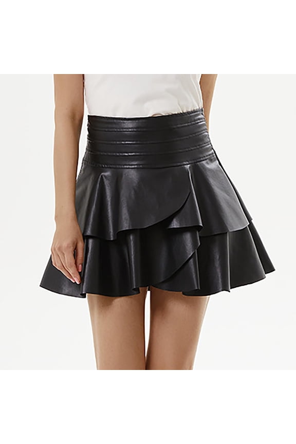 Faux Leather Skirt For Women PU Leather Layered Ruched Solid Color Asymmetrical A Line Skirt Women's Skirts Black