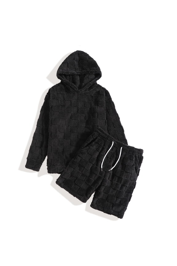 Flannel Pajamas for Men Fuzzy Cozy Plush Warm Winter Hooded Pullover with Pocket 2 Piece Loungewear Black L
