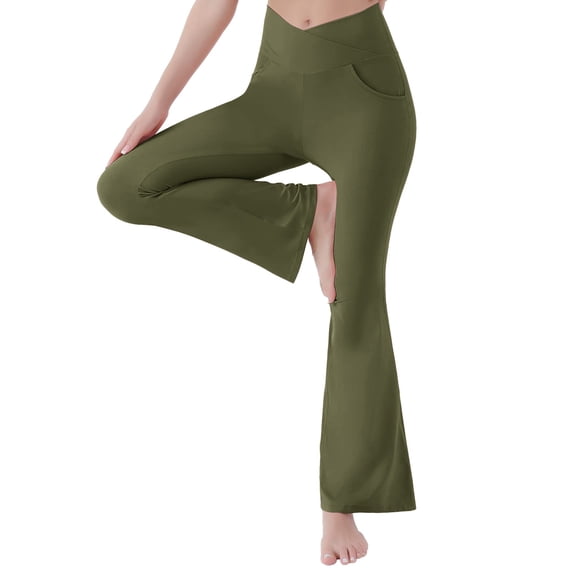 FASHOFT Flare Leggings for Women Crossover High Waist Yoga Pants with Pockets Bootcut Flared Leggings Workout Stretchy Bell Bottom Army Green S