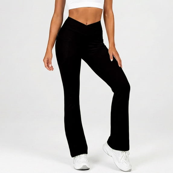FASHOFT Flare Leggings for Women Crossover High Waist Yoga Pants with Pockets Bootcut Flared Leggings Workout Stretchy Bell Bottom Black L