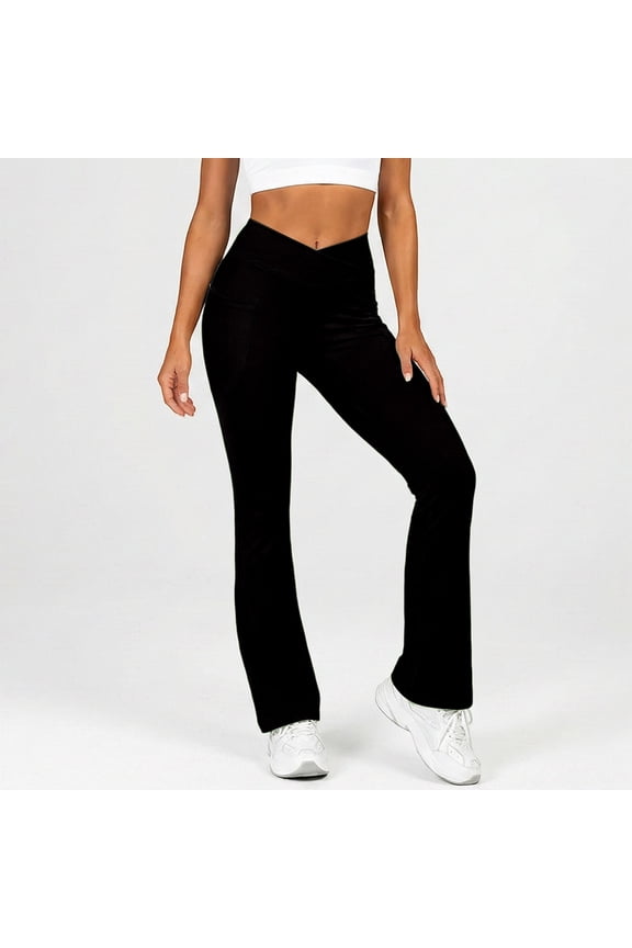 Flare Leggings for Women Crossover High Waist Yoga Pants with Pockets Bootcut Flared Leggings Workout Stretchy Bell Bottom Black M