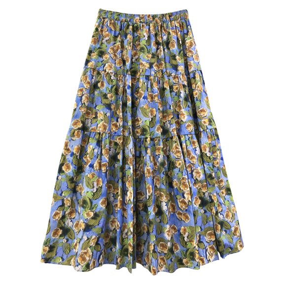 FASHOFT Floral Patchwork A Line Skirt for Women High Waist Retro Midi Dress Large Flowy Hem For Vintage Wear Long Skirt Blue