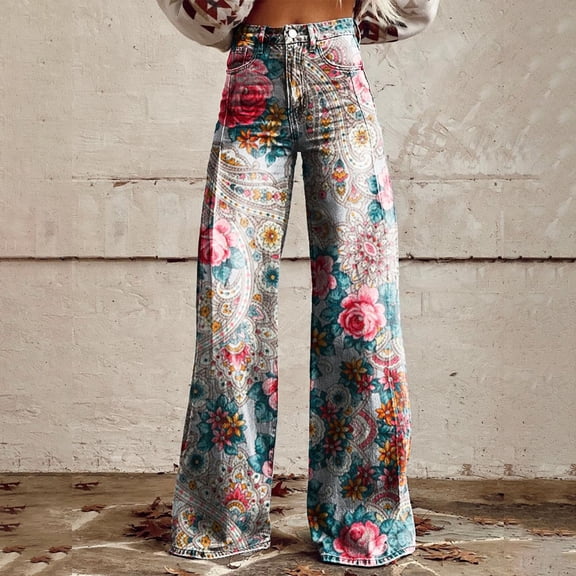 FASHOFT Floral Print Wide Leg Jeans For Women Boho Vintage High Waisted Denim Pants Comfy Street Classic Jean Trousers Pink S