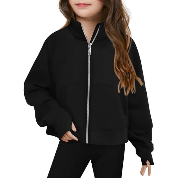 FASHOFT Full Zip up Sweatshirt for Girls Stand Collar Lined Jacket with Pocket Solid Soft Pullover Tops Black 5-6 Years