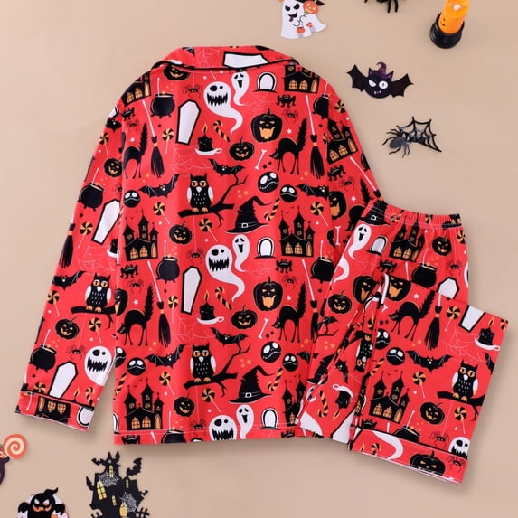 FASHOFT Funny Halloween Pajama Sets for Women 2 Piece Cute Ghost Pumpkin Printing Button Down Shirts and Pants Matching Pajamas Loung Set Red S