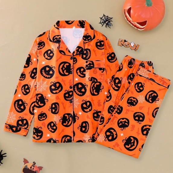 FASHOFT Funny Halloween Pajamas for Women Set Cute Ghost Pumpkin Printing Button Down Shirts and Pants Matching Pajama Loung Set Red S