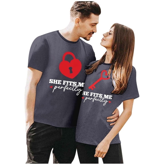 FASHOFT Funny Valentine's Day Couple Matching Shirts for Men Love Heart Graphic Tees Valentines Day Gifts for Him Short Sleeve Crewneck Tshirt Grey M