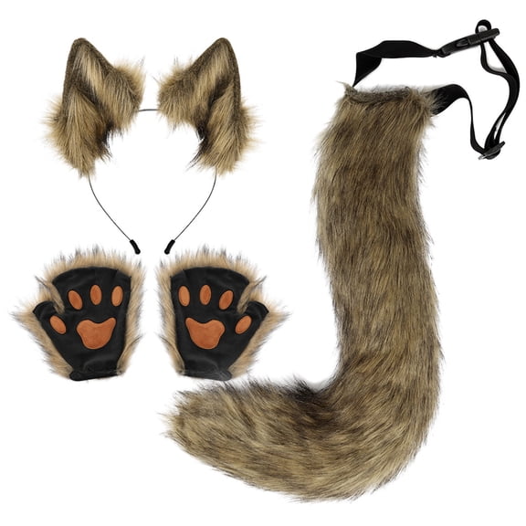 FASHOFT Furry Fox Ears Headband And Tail Set Halloween Costumes Claws Paws Animal Cosplay Prop Masquerade Party Dress Up Halloween Costume A