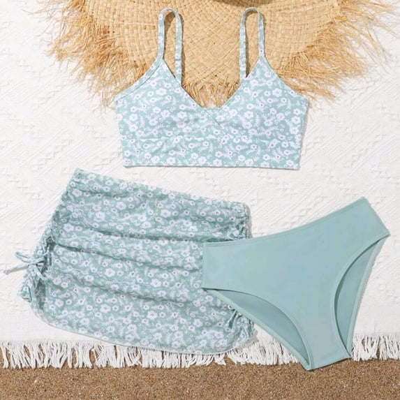 FASHOFT Girl's 3 Piece Floral Swimsuit Cute V Neck Bikini Set High Waisted Bathing Suit Sheer Mesh Cover Up Skirt Bikini Set Light Green 12-13 Years