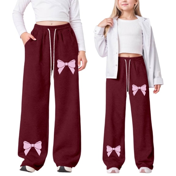 FASHOFT Girl's Bowknot Baggy Sweatpants Cute Bow Straight Leg Joggers With Pockets Casual Sweat Pants For Teen Girls Wine