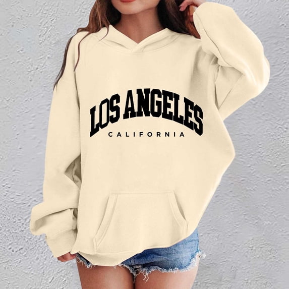 FASHOFT Girl's Los Angeles Hoodies Graphic Long Sleeve Casual Fashion Hooded Sweatshirt Fall Pullover Tops Beige 3-4 Years