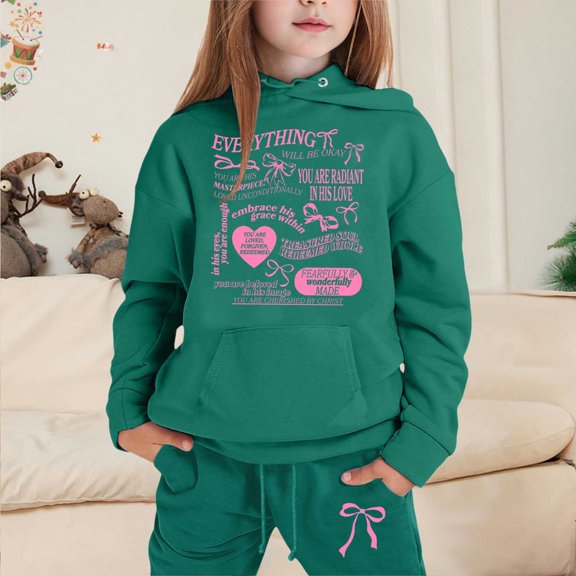 FASHOFT Girls 2 Piece Outfits Sweatsuit Kids Bow Graphic Hoodies Sweatshirt and Sweatpants Set with Pockets Valentines Day Tracksuit Dark Green