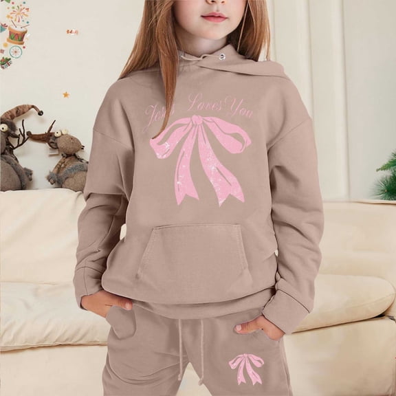 FASHOFT Girls 2 Piece Sweatsuit Kids Bow Graphic Hoodies Sweatshirt and Sweatpants with Pockets Valentines Day Outfits Set Tracksuit Khaki