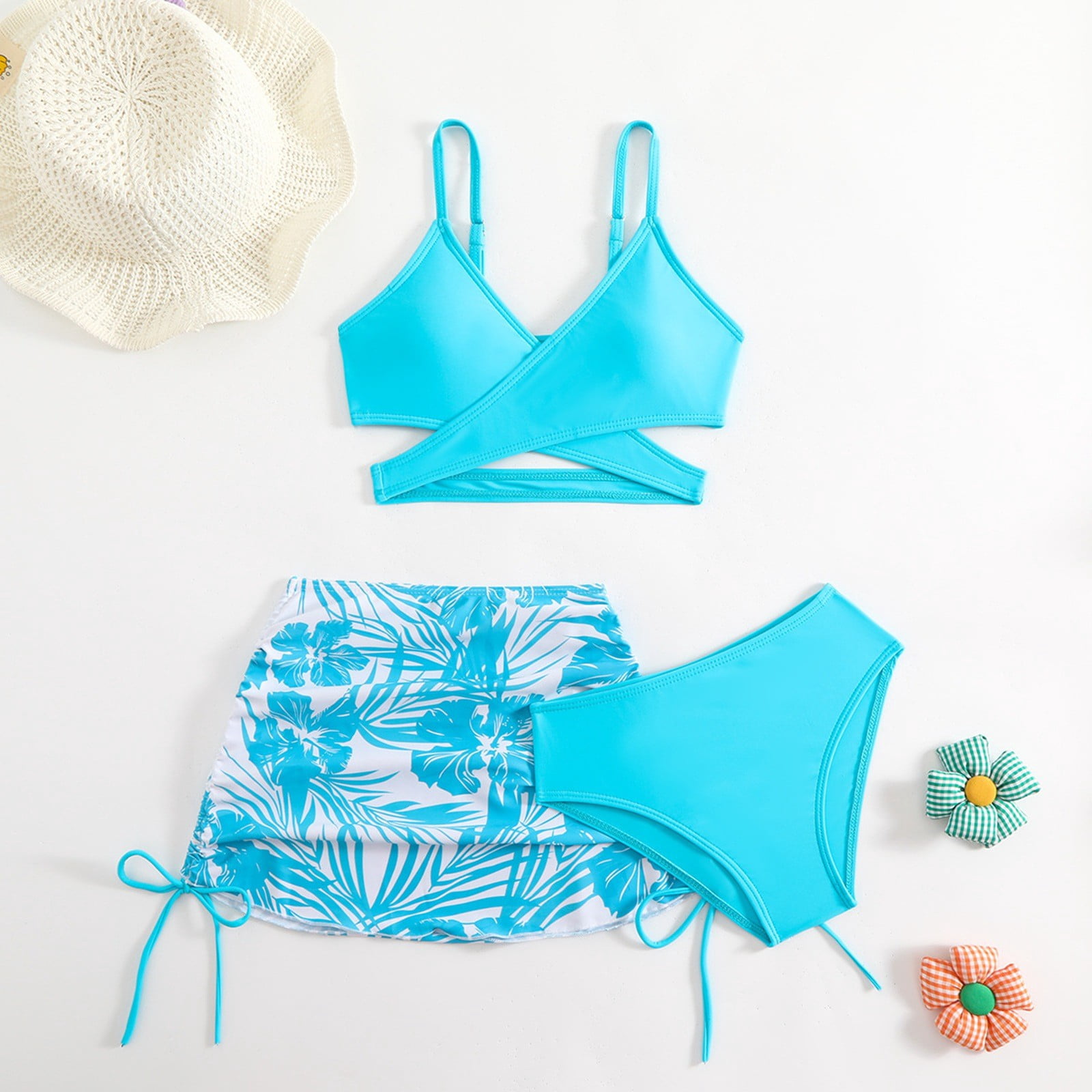 Girl's 3-Piece Floral Swimset – Spaghetti Strap Wireless Bikini With Ruched Beach Skirt