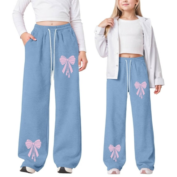 FASHOFT Girls Baggy Sweatpants Trendy Y2k Bow Wide Leg Joggers Elastic Waist Drawstring Comfy Sweat Pants Light Blue