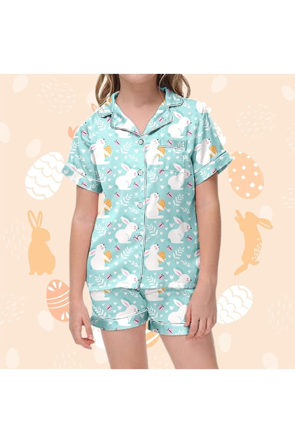 Girls Boys Silk Pajama Sets Satin Clasic Sleepwear Summer 2 Pieces Button Down Easter Outfit Light Blue 4-5 Years