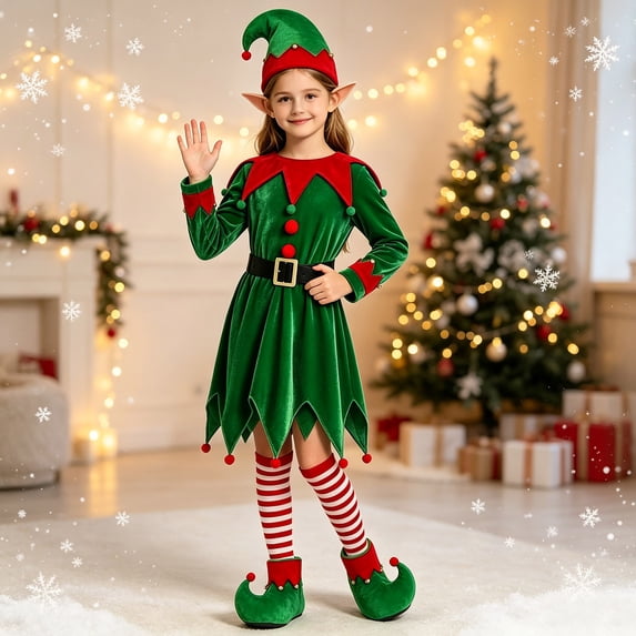FASHOFT Girls Christmas Elf Set Santa Little Helper Cosplay Outfit for ...