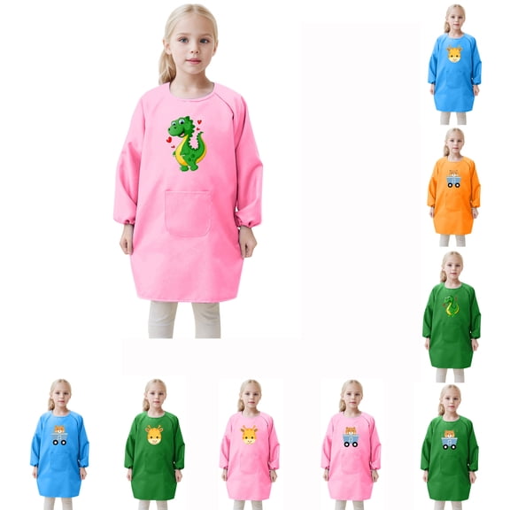 FASHOFT Girls Graphic Tees Breathable Animal Printed Reversible Painting Smock Long Sleeve Easy Clean Fabric Kids Daily Meal Drawing Practical Outer Tops Girls Tops Blue 4-8 Years