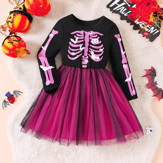 FASHOFT Girls Halloween Dress Fall Spring Long Sleeve Patchwork Mesh Dress Casual Cute Outfit Toddler Girl Halloween Dresses Purple 3-4 Years
