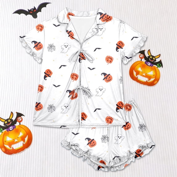 FASHOFT Girls Halloween Pajamas Kids Fall Christmas Pjs Set Sleepwear Pumpkin Ghost Print Holiday Button Down 2 Pieces Lounge Matching Halloween Pajama Sets White 12-13 Years
