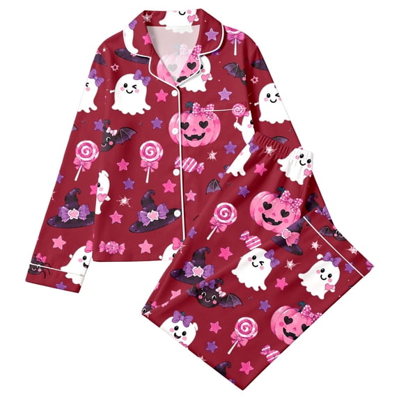 FASHOFT Girls Halloween Pajamas Kids Pumpkin Graphic Long Sleeve Pajama Set Ghost Pjs Jammies Button Down Lounge Holiday Sleepwear Red 3-4 Years