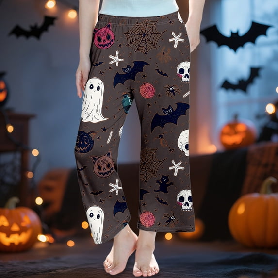 FASHOFT Girls Halloween Pajamas Pants Ghost Printed Lounge Pants Long Casual Sleepwear Comfortable Loose Fit Trousers 3-14 Years Kids Halloween Pajamas Brown 3-4 Years