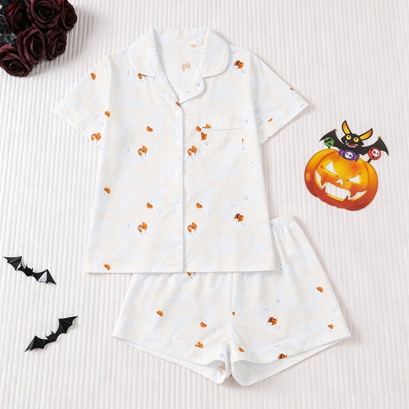 FASHOFT Girls Halloween Pajamas Set 2 Piece Ghost Pumpkin Print Button up Shirts and Shorts Pj Cute Silk Satin Sleepwear Loung Sets White 7-8 Years