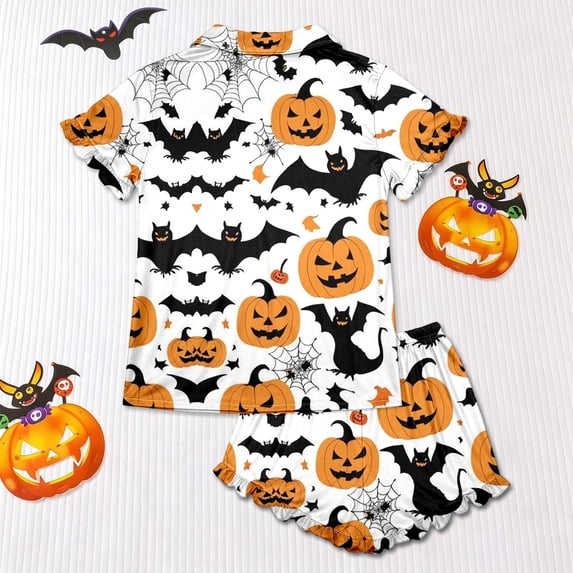 FASHOFT Girls Halloween Pajamas Set Kids Pumpkin Graphic Short Sleeve Pajama Set Ghost Pjs Jammies Button Down Lounge Holiday Sleepwear White 6-7 Years