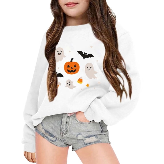 FASHOFT Girls Halloween Sweatshirt Oversized Cute Ghost Pumpkin Graphic Crewneck Pullover Halloween Shirt Cute Fall Casual Long Sleeve Holiday Tops Spooky Season Halloween Sweater White 13-14 Years