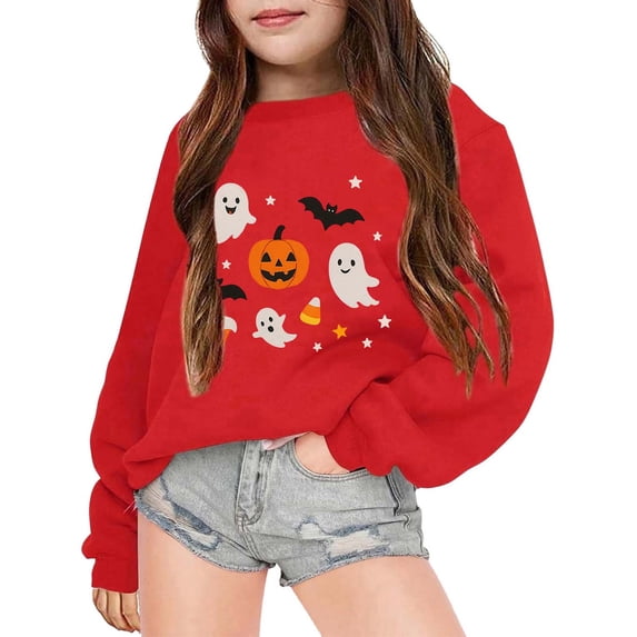FASHOFT Girls Halloween Sweatshirt Oversized Cute Ghost Pumpkin Graphic Crewneck Pullover Halloween Shirt Cute Fall Casual Long Sleeve Holiday Tops Spooky Season Halloween Sweater Red 9-10 Years