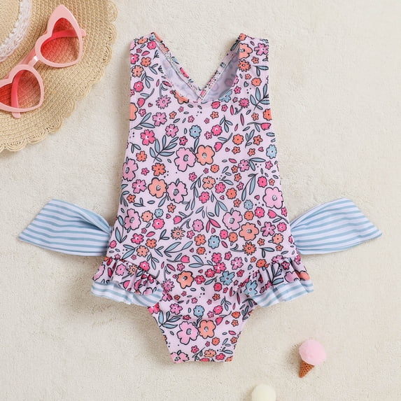 FASHOFT Girls One Piece Swimsuits Floral Print Ruffle Bathing Suit for Beach Poor Girl Swimwear Pink 1-2 Years