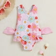 thumbnail image 1 of FASHOFT Girls One Piece Swimsuits Floral Print Ruffle Bathing Suit for Beach Poor Girl Swimwear Red 4-5 Years, 1 of 7