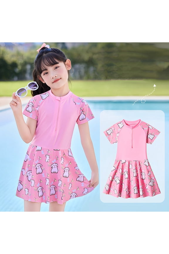Girls Rash Guard Swimsuit Water Sport Swimsuits UPF 50+ Sun Protection Swim Suit Half Zip Bunny Print One Piece Bathing Suits Pink 2-3 Years