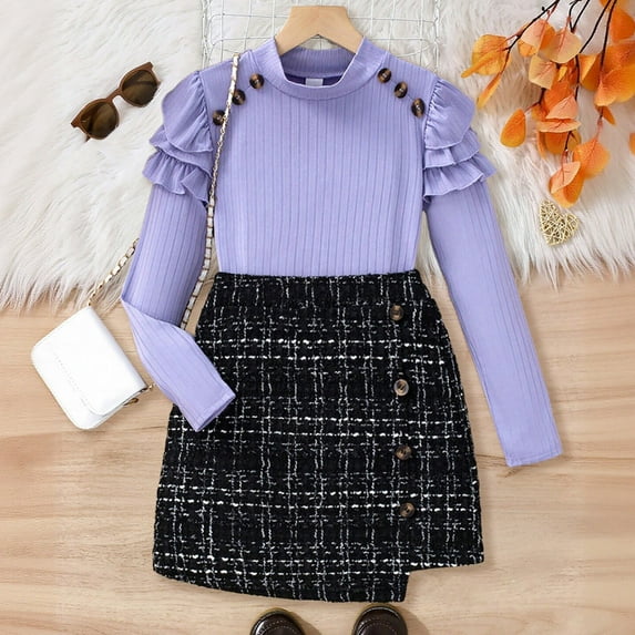 FASHOFT Girls Summer Outfits Set Kids Long Sleeve High Neck Top With Plaid A Line Skirt 2 Piece Casual Winter Fall School Party Girl Clothing Sets Purple
