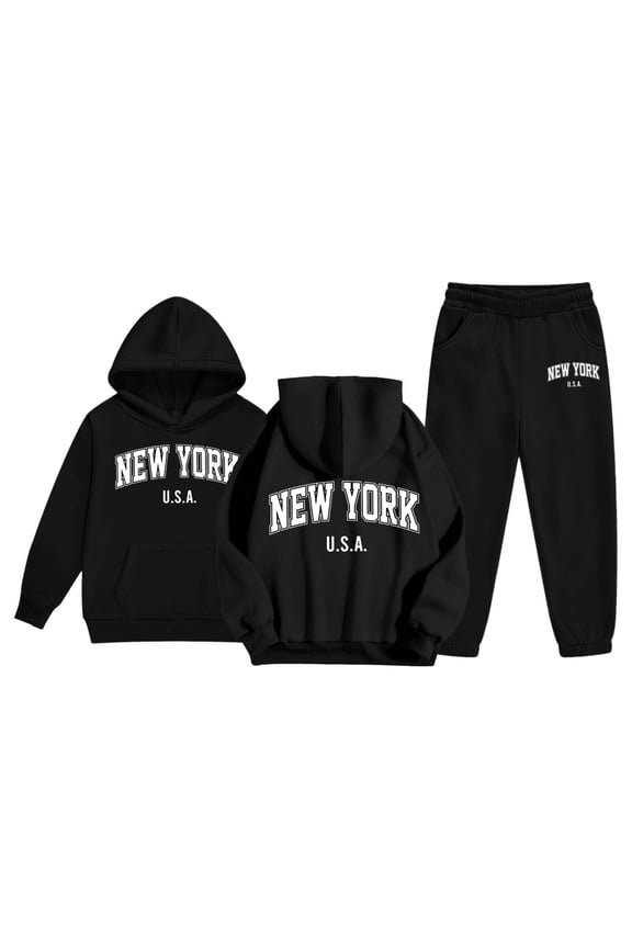 Girls Sweatsuit New York Letter Print Oversized Hoodie and Sweatpants Fall Winter 2 Piece Girls' Clothing Sets Kids Jogging Set Tracksuit Black