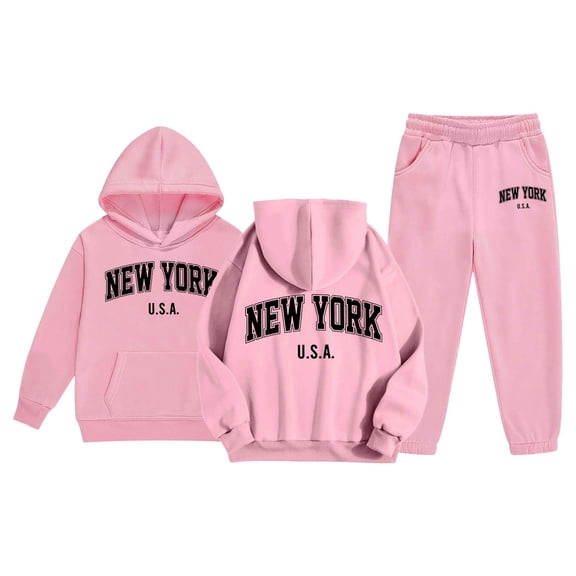 FASHOFT Girls Sweatsuit New York Letter Print Oversized Hoodie and Sweatpants Fall Winter 2 Piece Girls' Clothing Sets Kids Jogging Set Tracksuit Pink