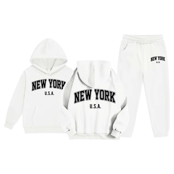 FASHOFT Girls Sweatsuit New York Letter Print Oversized Hoodie and Sweatpants Fall Winter 2 Piece Girls' Clothing Sets Kids Jogging Set Tracksuit White