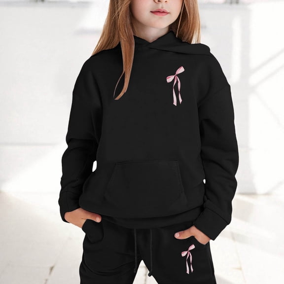 FASHOFT Girls Sweatsuit Set Cute Bow Graphic Hooded Sweatshirt and Jogger Pants with Pocket Casual 2 Piece Outfits Set Activewear Tracksuit Black
