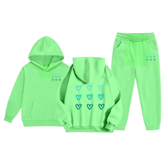 FASHOFT Girls Sweatsuit Valentines Day Cute Heart Graphic Hoodie and Sweatpant Fall Girls' Clothing Set 2 Piece Spring Outfits Tracksuit Green