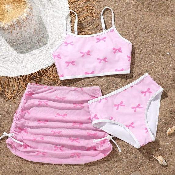 FASHOFT Girls Swimsuit Bow Print Spaghetti Strap Bathing Suit with Mesh Skirt Two Piece Swimsuits For Beach Pool Swimwear Pink 7-8 Years
