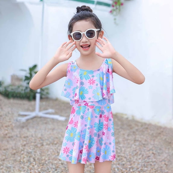 FASHOFT Girls Swimsuit Floral Print One Piece Bathing Suit for Beach Poor Girls' Swimwear Light Pink 5-6 Years