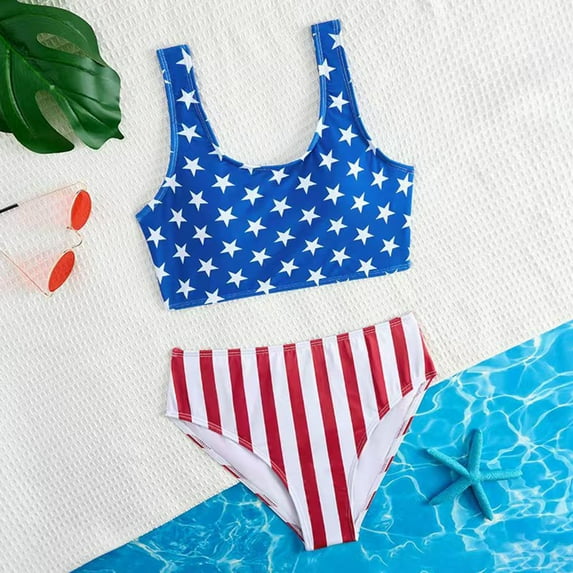 FASHOFT Girls Swimsuit Independence Day Two Piece Swimsuits 4th of July Bathing Suit Summer Beach Girl Swimwear Blue 5-6 Years
