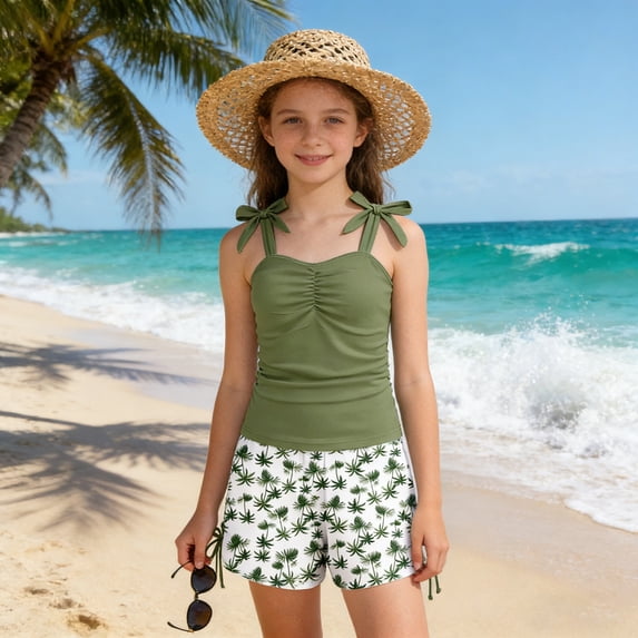 FASHOFT Girls Swimsuit Ruched Tie Straps Two Piece Swimsuits Bathing Suit Summer Beach Girl Swimwear Army Green 13-14 Years