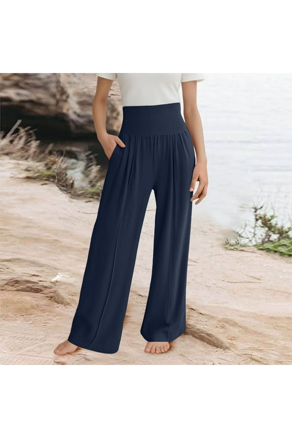 Girls Wide Leg Palazzo Pant Loose Straight Elastic Waist Spring Summer Beach Lightweight Dress Pant for Kids Navy