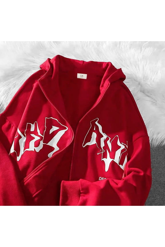 Goth Zip Up Hoodie Women Hip Hop Zipper Sweatshirt Hooded Jacket Street Unisex Drawstring 90s Emo Teen Girls Fall Top Red S