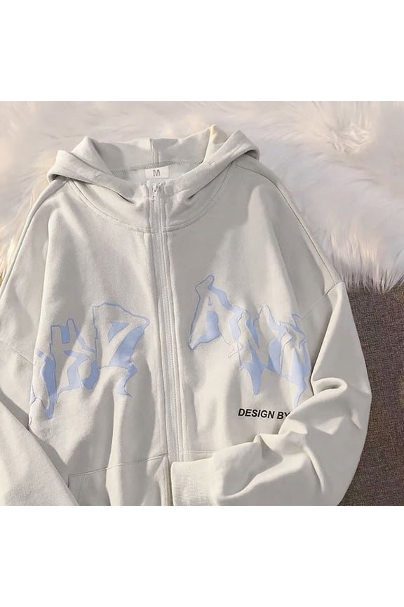 Goth Zip Up Hoodie Women Hip Hop Zipper Sweatshirt Hooded Jacket Street Unisex Drawstring 90s Emo Teen Girls Fall Top White XL
