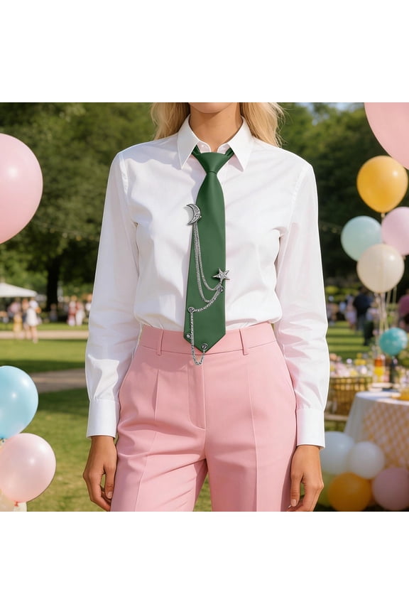 Green Ties for Women Men Punk Metal Chain Black Necktie for Girl School Uniform Shirt Party Prom Business Accessory Unisex