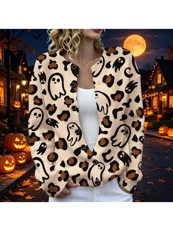 Halloween Cardigan Sweaters for Women Funny Ghost Graphic Long Sleeve Button Front Cardigans Casual Holiday Knitted Lightweight Sweater XXXXXL